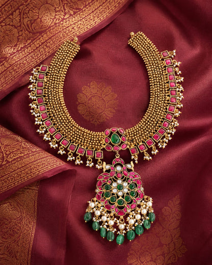 FeelOri real kempu jadau necklace styled with saree fabric for Indian occasion wear