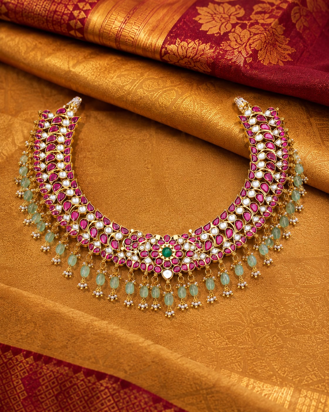 FeelOri real kempu jadau necklace styled with saree fabric for Indian occasion wear