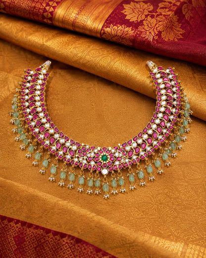 FeelOri real kempu jadau necklace styled with saree fabric for Indian occasion wear