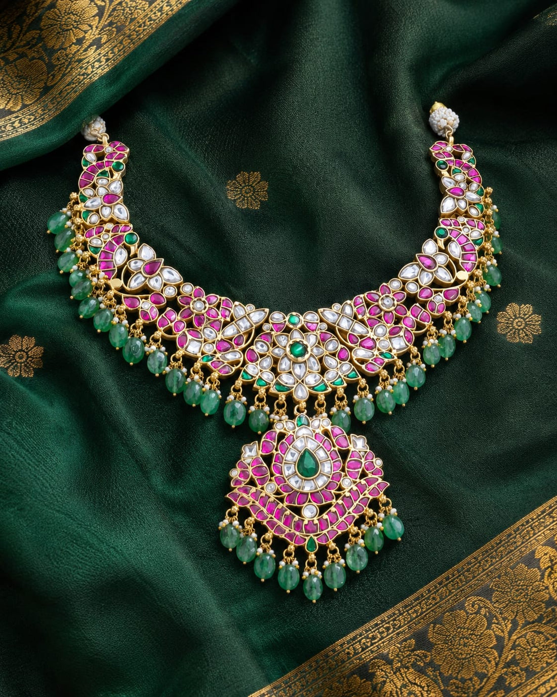 FeelOri real kempu jadau necklace styled with saree fabric for Indian occasion wear