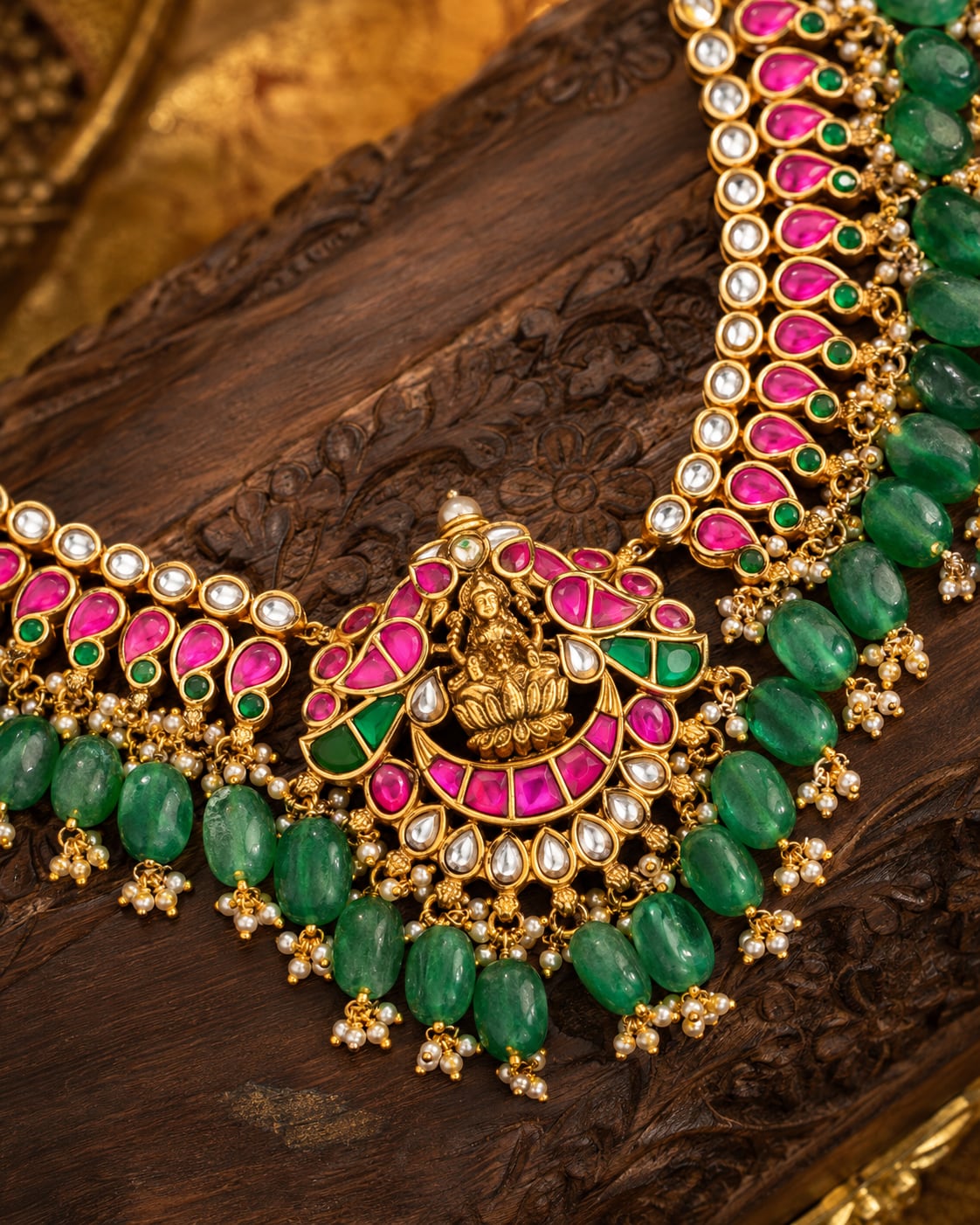 FeelOri real kempu jadau necklace set close-up of real kempu stones and jadau work