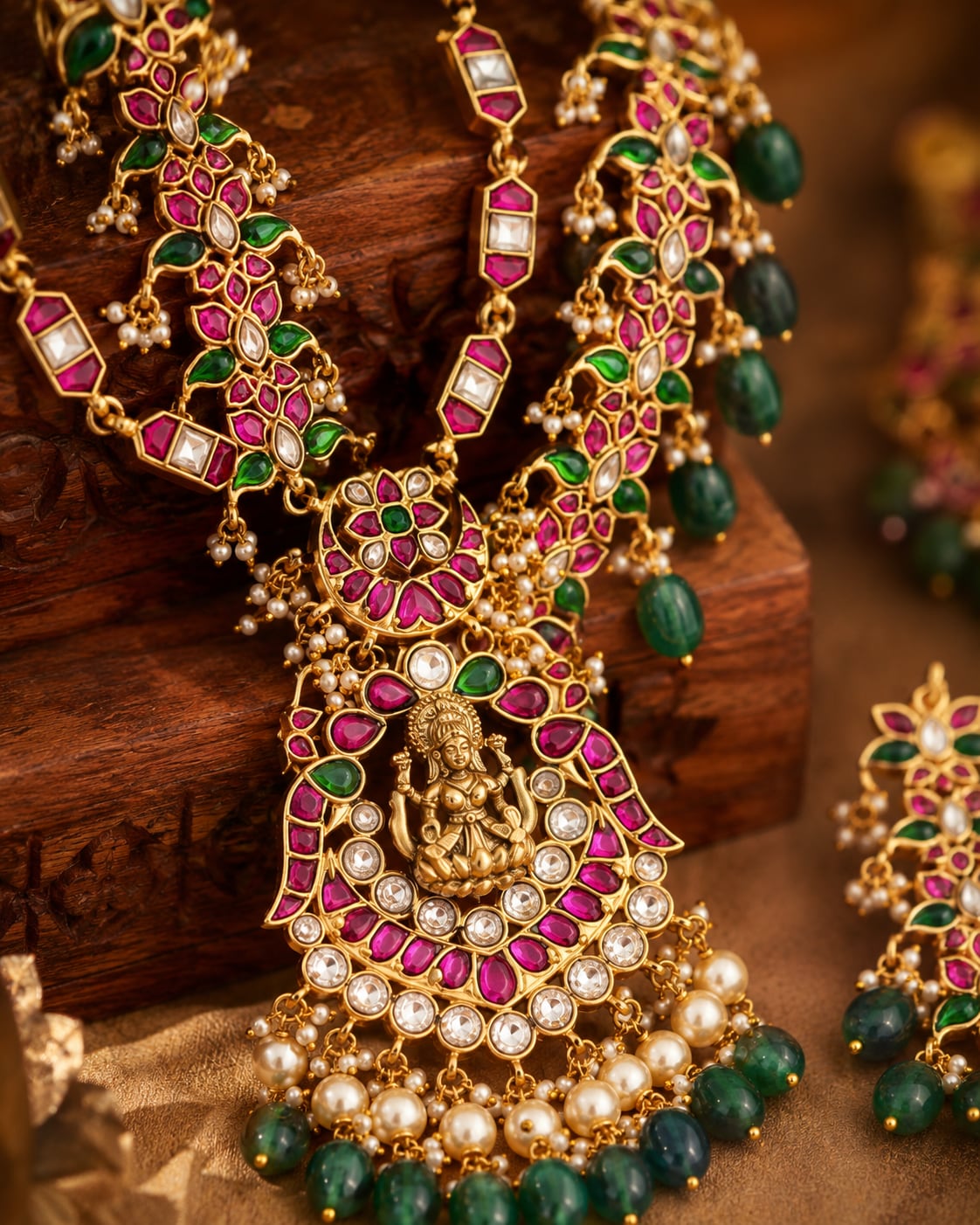 FeelOri real kempu jadau necklace set with matching earrings close-up of real kempu stones and jadau work
