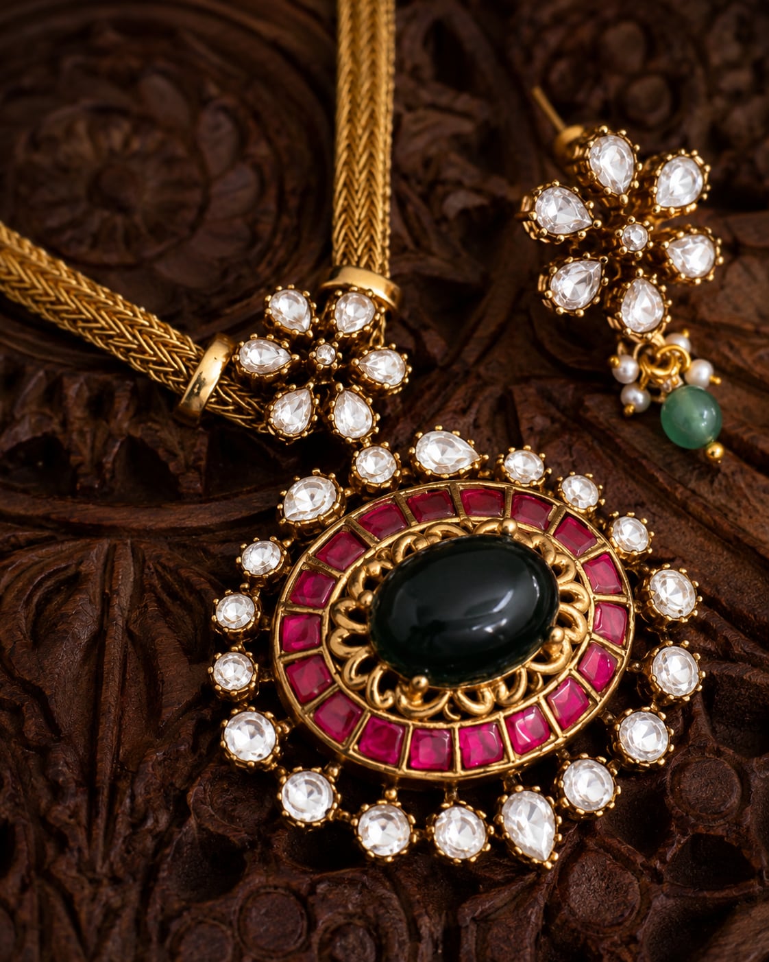 FeelOri real kempu jadau necklace set with matching earrings close-up of real kempu stones and jadau work