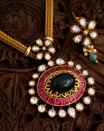 FeelOri real kempu jadau necklace set with matching earrings close-up of real kempu stones and jadau work