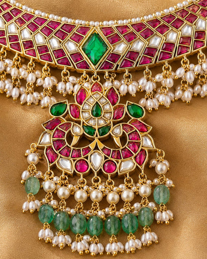 FeelOri real kempu jadau necklace set with matching earrings close-up of real kempu stones and jadau work