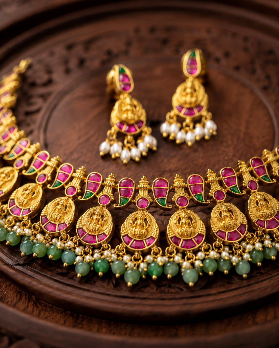FeelOri real kempu jadau necklace set with matching earrings close-up of real kempu stones and jadau work