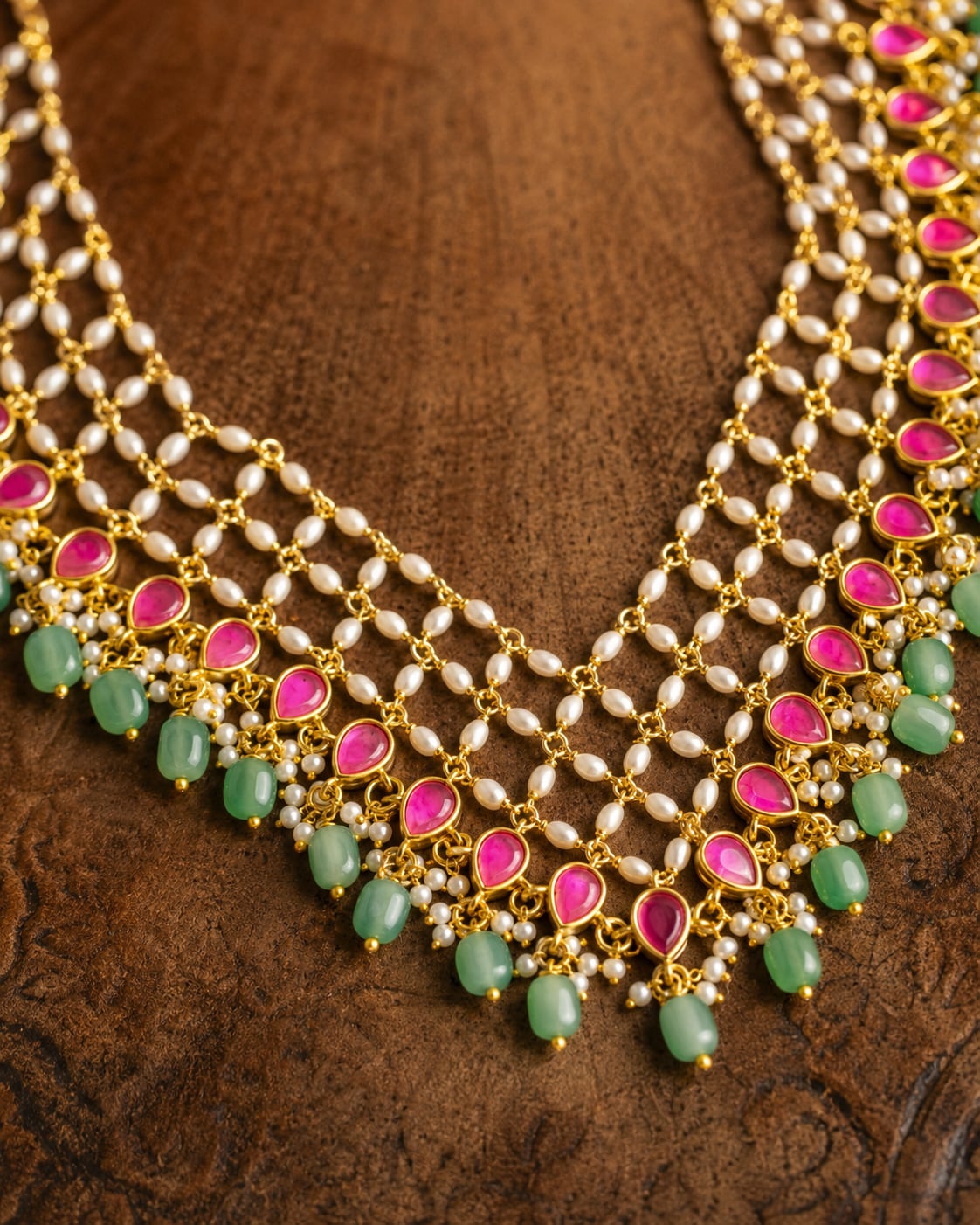 FeelOri real kempu jadau necklace set with matching earrings close-up of real kempu stones and jadau work