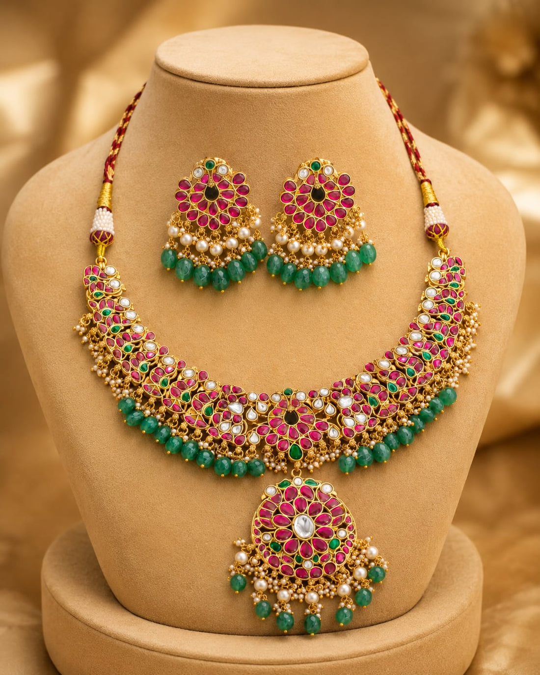 FeelOri real kempu jadau necklace set with matching earrings on jewellery display