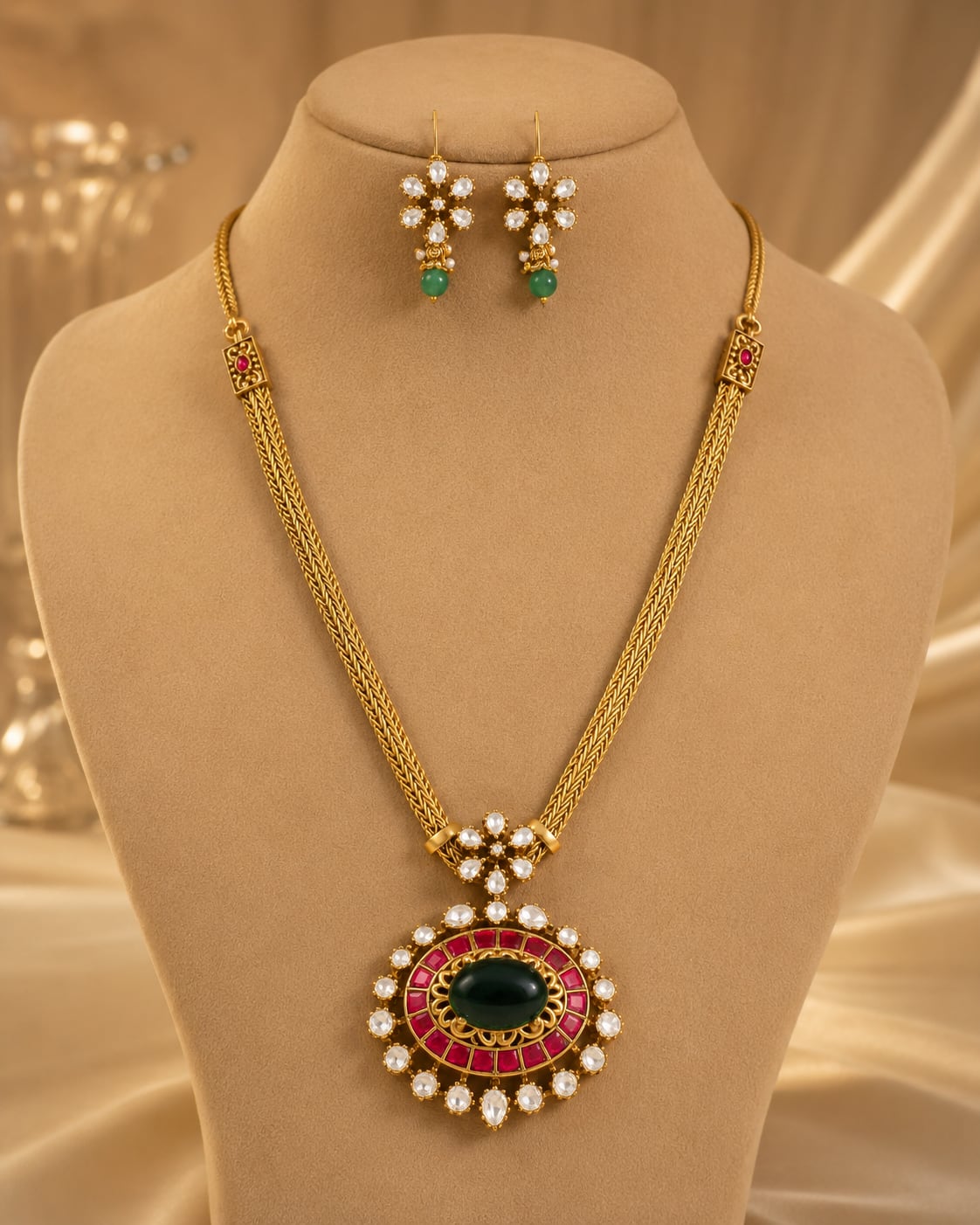 FeelOri real kempu jadau necklace set with matching earrings on jewellery display