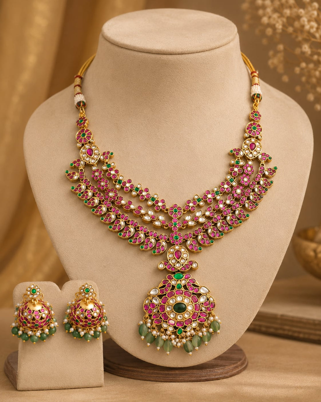 FeelOri real kempu jadau necklace set with matching earrings on jewellery display
