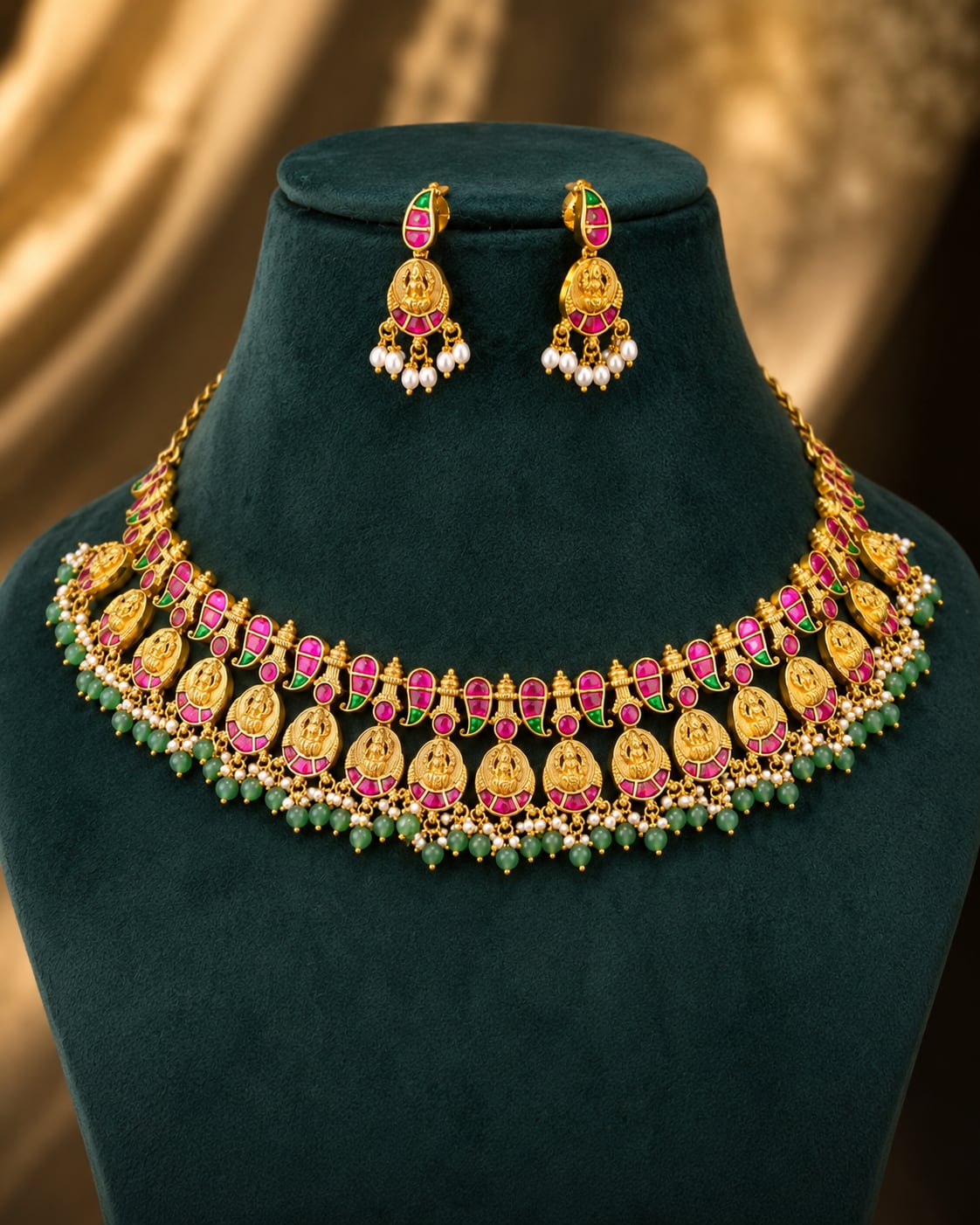 FeelOri real kempu jadau necklace set with matching earrings on jewellery display