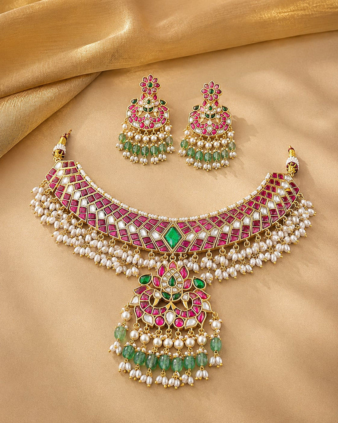 FeelOri real kempu jadau necklace set with matching earrings for pattu sarees and South Indian festive styling