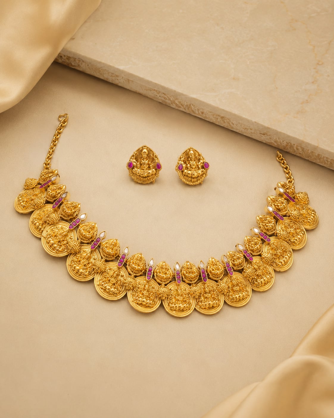 FeelOri real kempu jadau necklace set with matching earrings for pattu sarees and South Indian festive styling