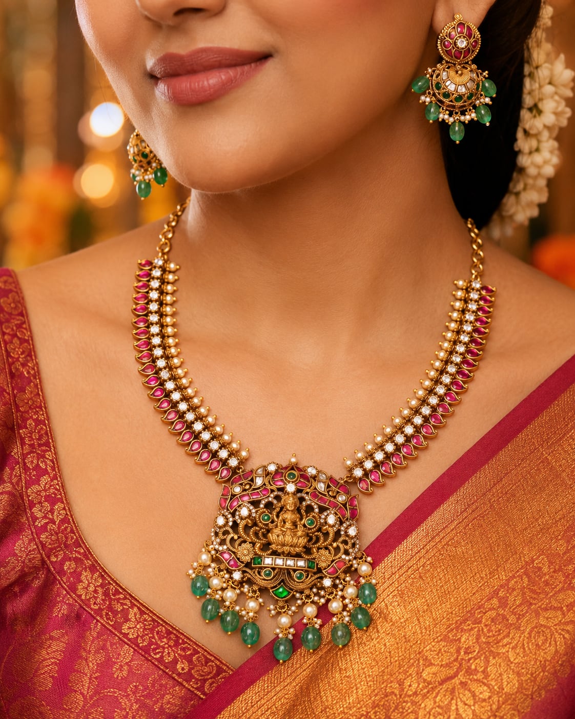 FeelOri real kempu jadau necklace set with matching earrings styled with pattu saree blouse for Indian occasion wear