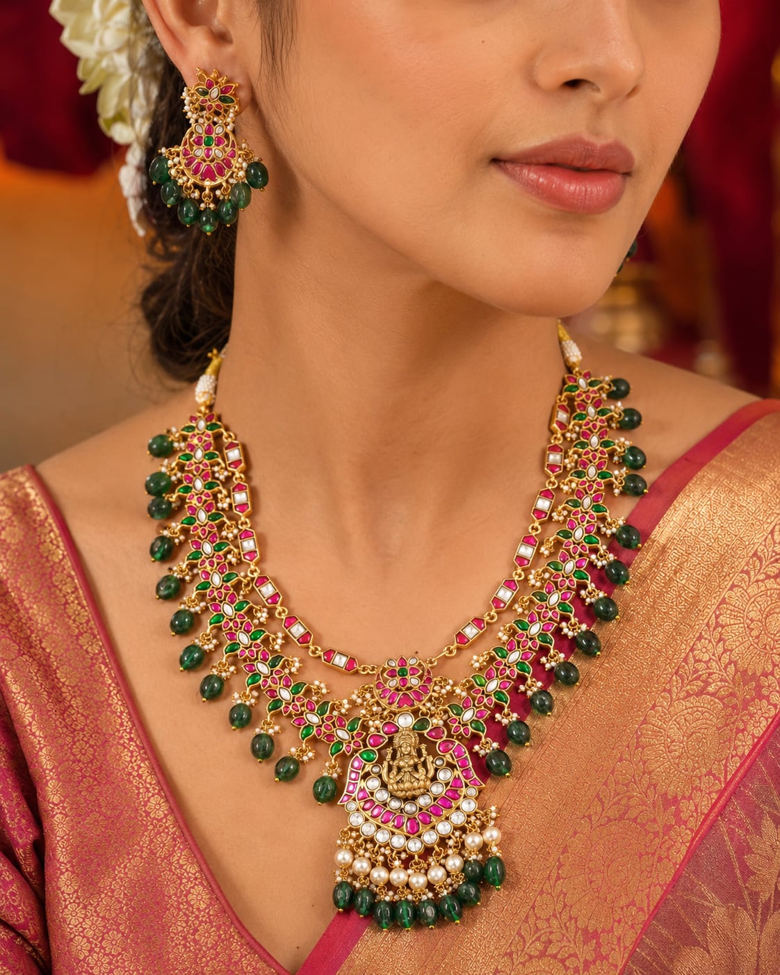 FeelOri real kempu jadau necklace set with matching earrings styled with pattu saree blouse for Indian occasion wear