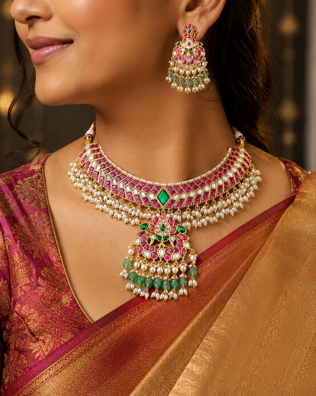 FeelOri real kempu jadau necklace set with matching earrings styled with pattu saree blouse for Indian occasion wear