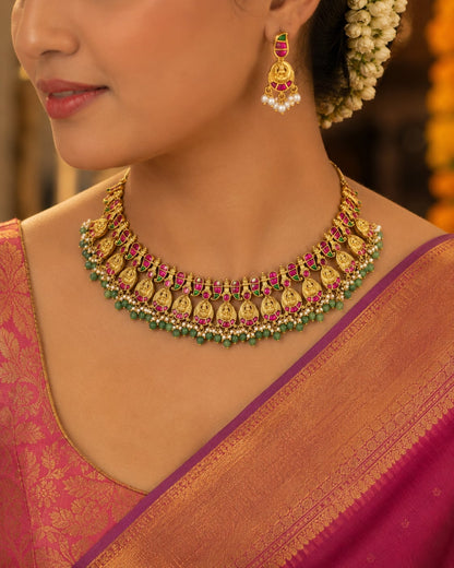 FeelOri real kempu jadau necklace set with matching earrings styled with pattu saree blouse for Indian occasion wear