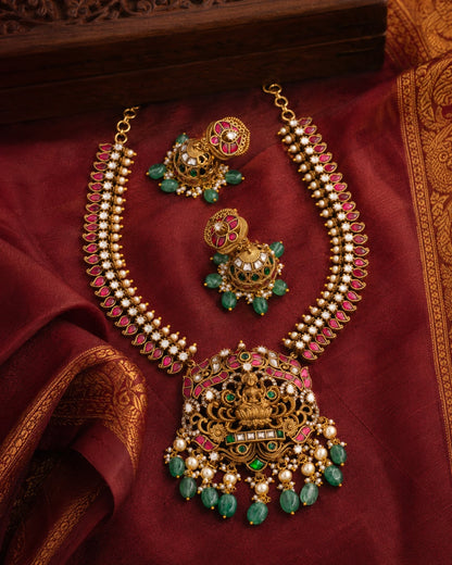 FeelOri real kempu jadau necklace set with matching earrings styled with saree fabric for Indian occasion wear