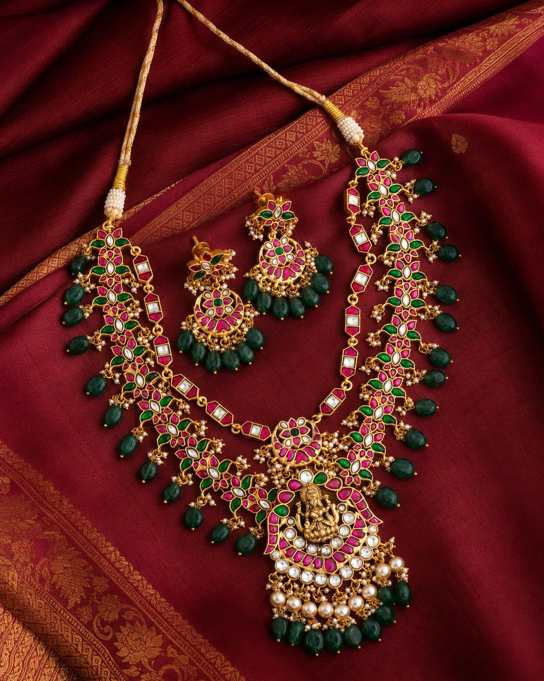 FeelOri real kempu jadau necklace set with matching earrings styled with saree fabric for Indian occasion wear