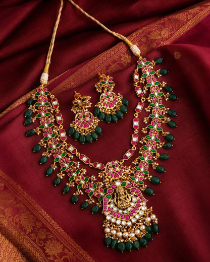 FeelOri real kempu jadau necklace set with matching earrings styled with saree fabric for Indian occasion wear