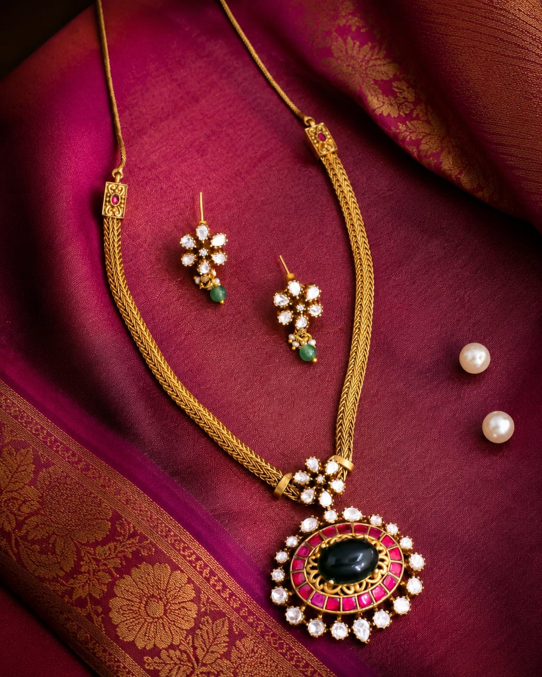 FeelOri real kempu jadau necklace set with matching earrings styled with saree fabric for Indian occasion wear