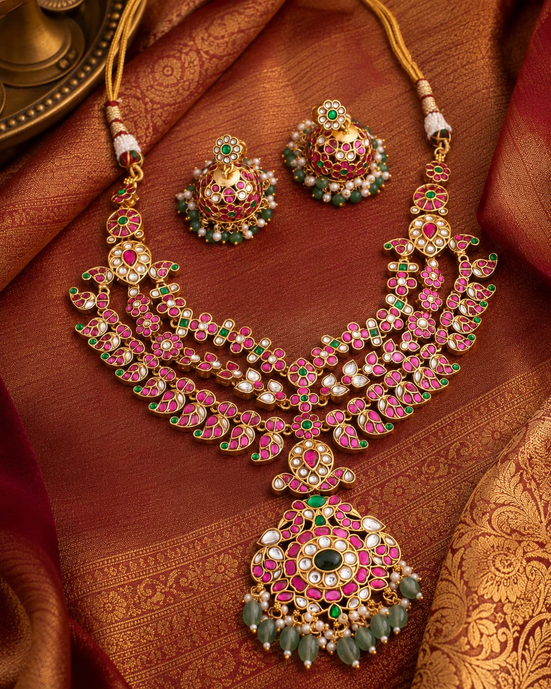 FeelOri real kempu jadau necklace set with matching earrings styled with saree fabric for Indian occasion wear