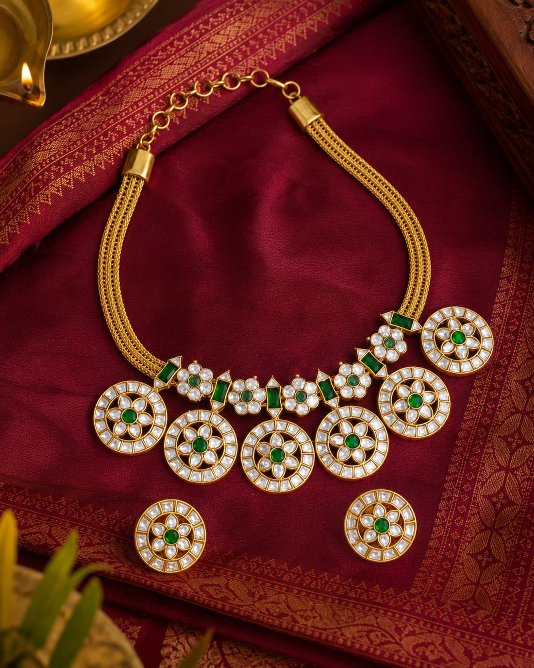FeelOri real kempu jadau necklace set with matching earrings styled with saree fabric for Indian occasion wear