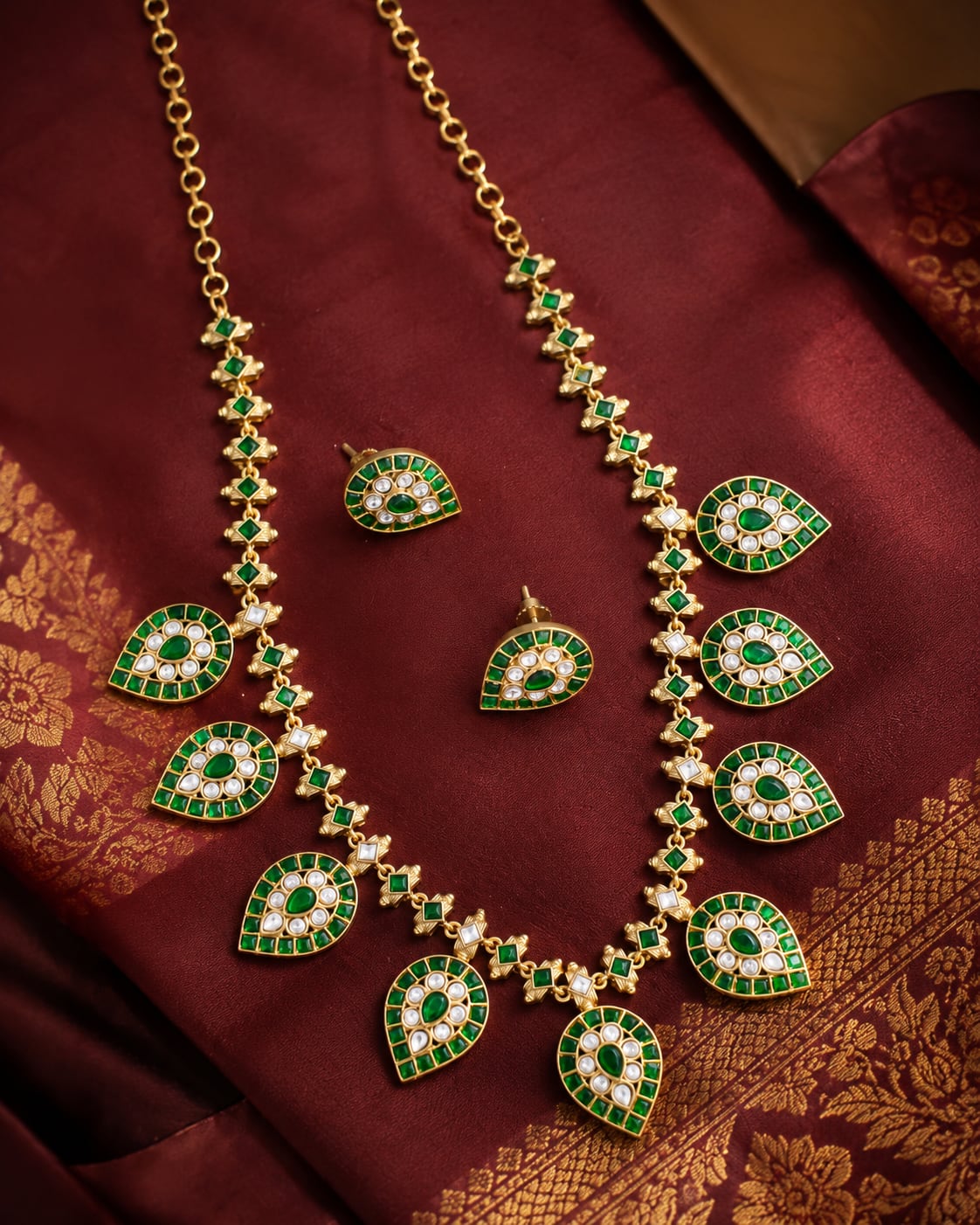 FeelOri real kempu jadau necklace set with matching earrings styled with saree fabric for Indian occasion wear