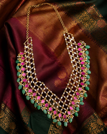 FeelOri real kempu jadau necklace set with matching earrings styled with saree fabric for Indian occasion wear