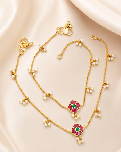 FeelOri jadau kundan payal anklets anklet chain, stone setting, clasp, and gold-polished detail