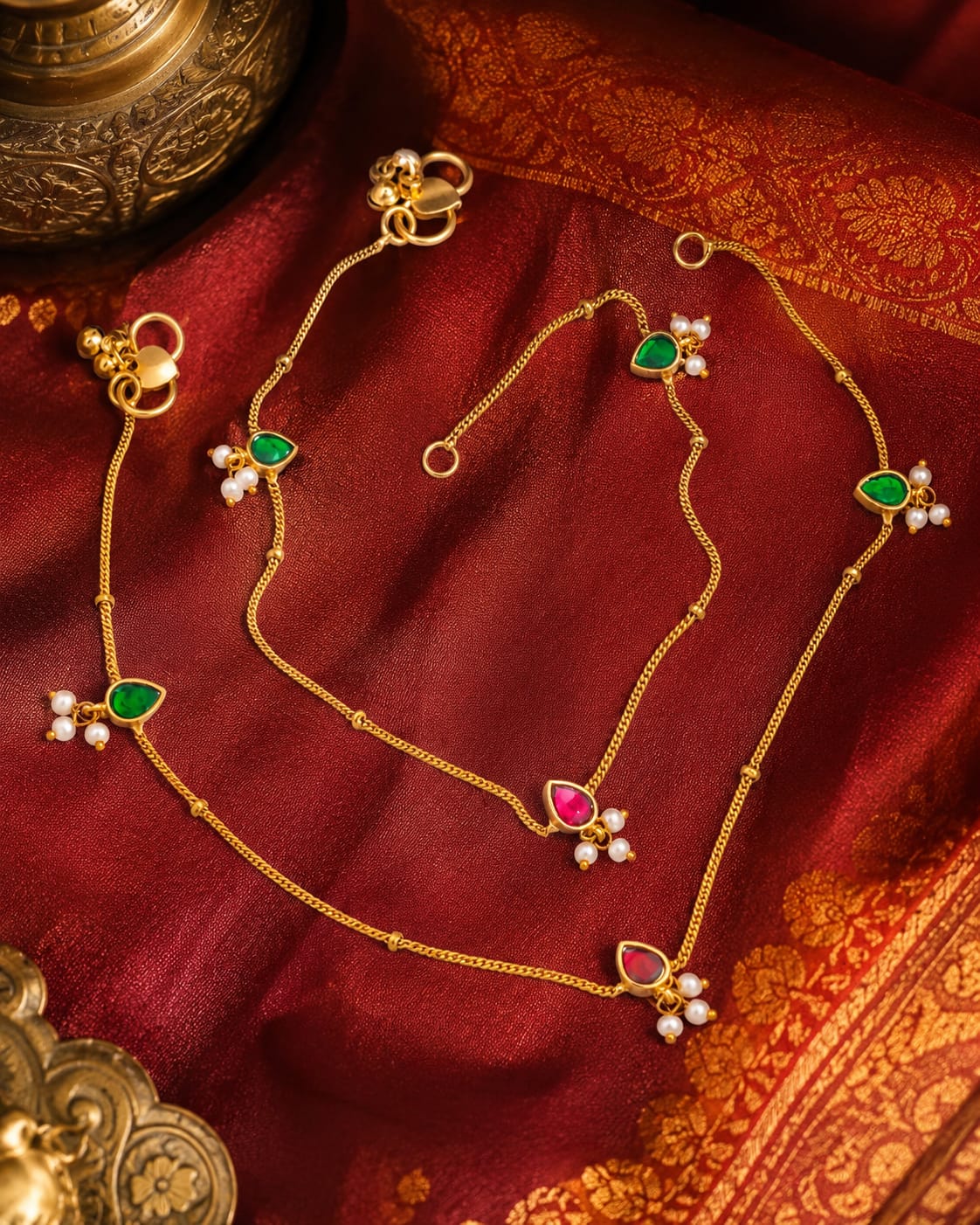 FeelOri jadau kundan payal anklets styled with saree fabric for Indian occasion wear