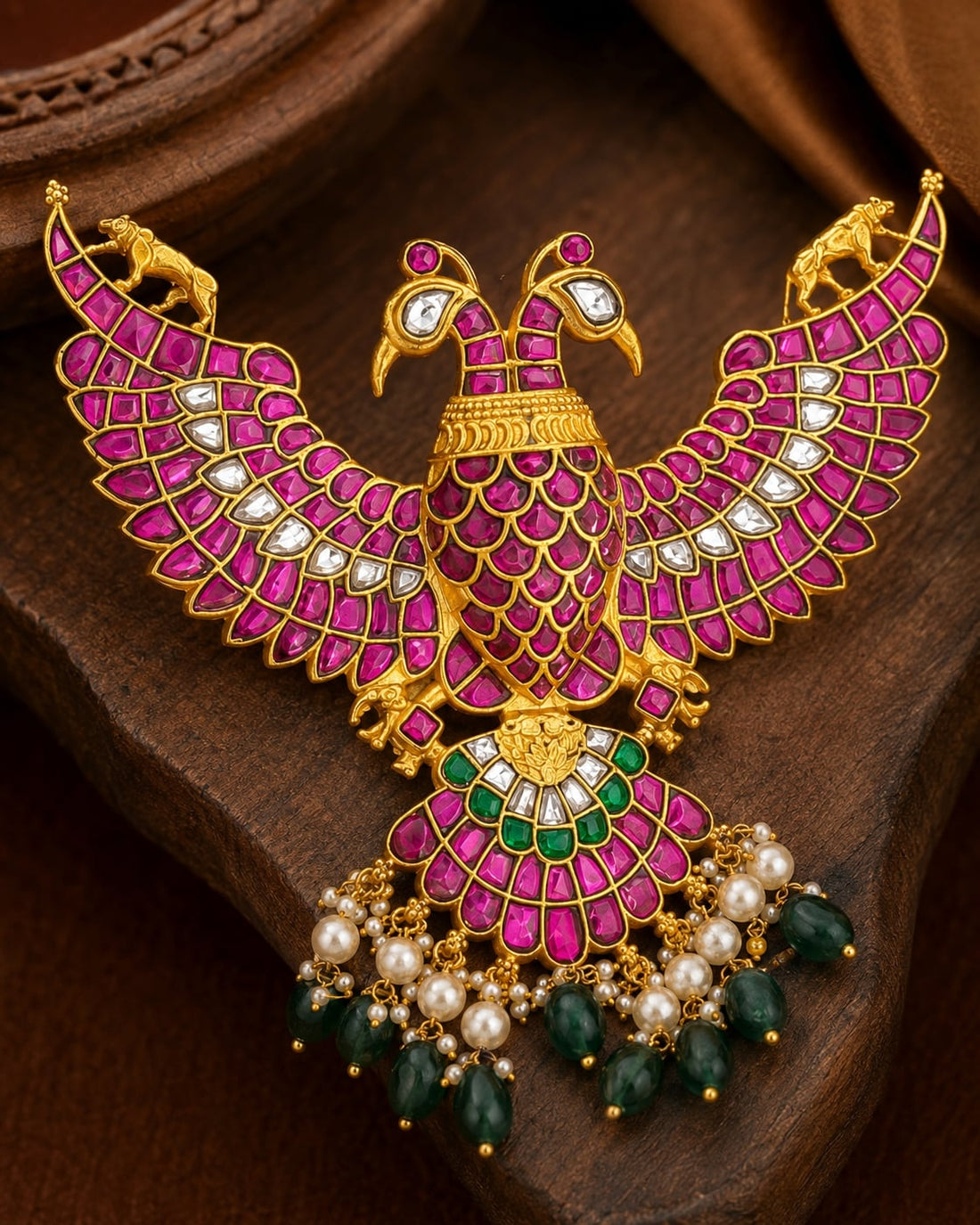FeelOri real kempu jadau pendant set close-up of real kempu stones and jadau work