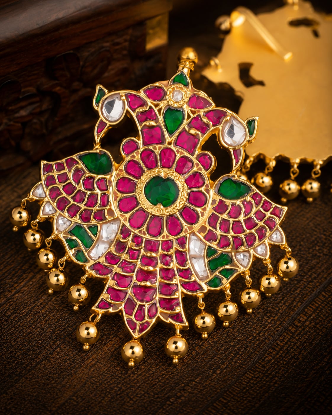 FeelOri jadau kundan pendant set styled with saree fabric for Indian occasion wear