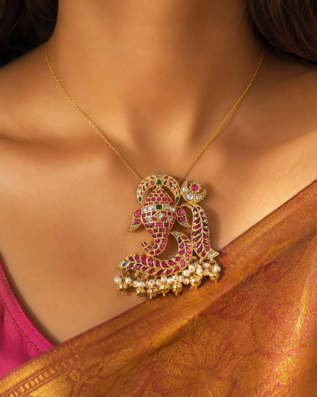 FeelOri real kempu jadau pendant styled with pattu saree blouse for Indian occasion wear