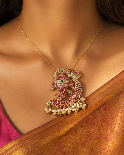 FeelOri real kempu jadau pendant styled with pattu saree blouse for Indian occasion wear