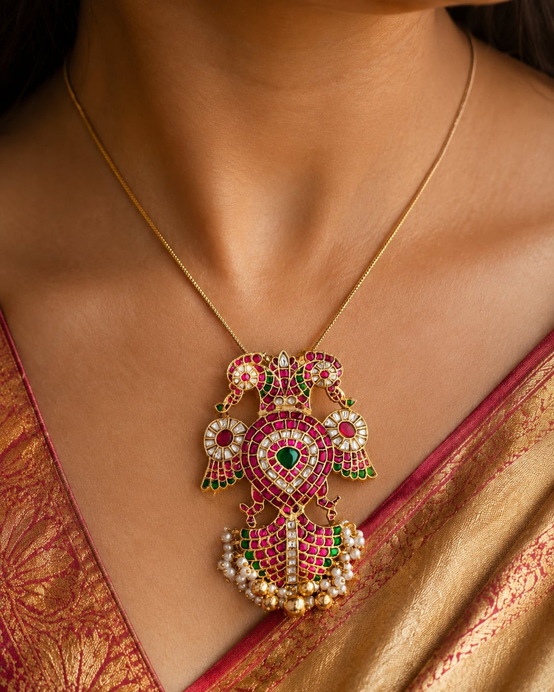 FeelOri real kempu jadau pendant close-up of real kempu stones and jadau work