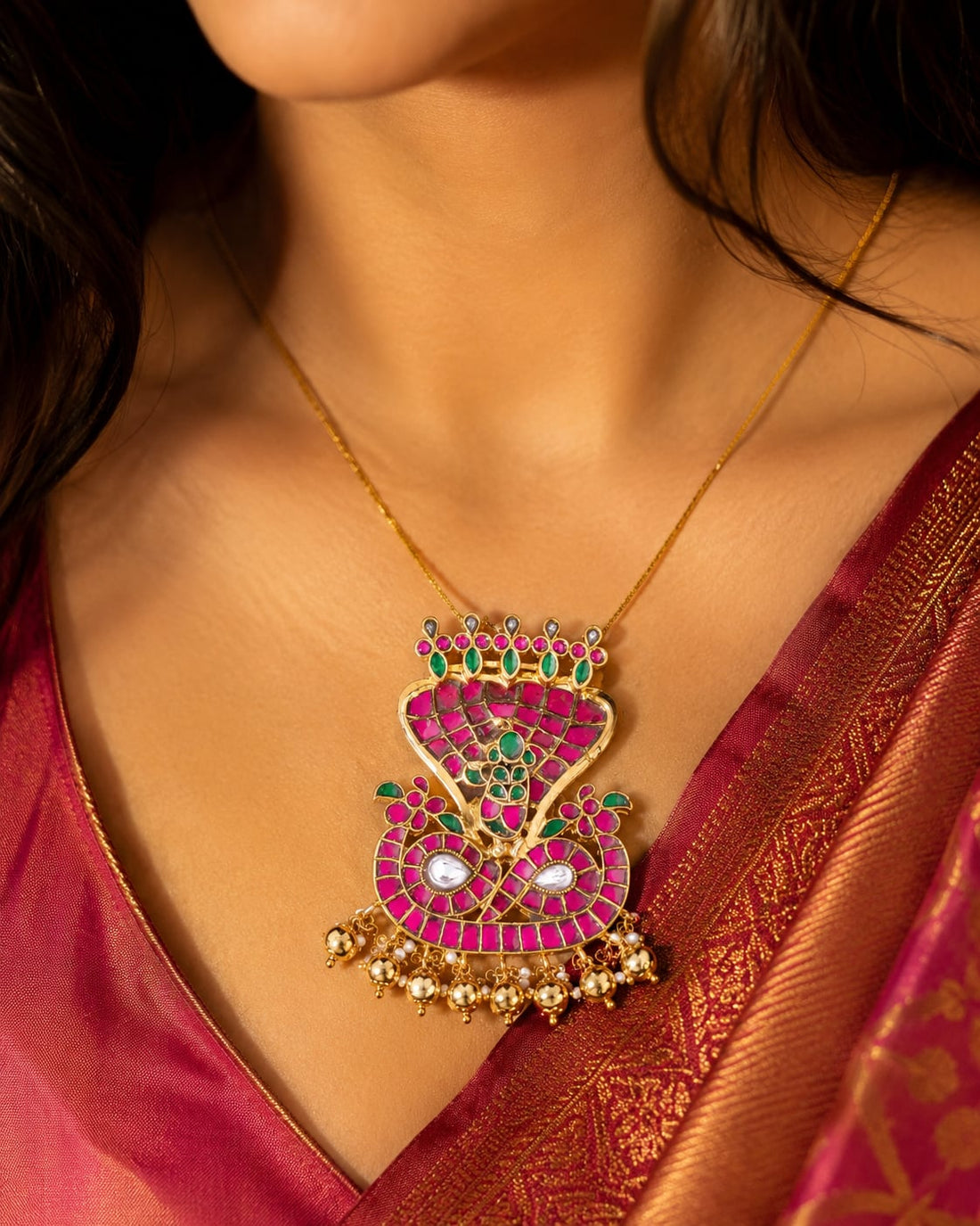 FeelOri real kempu jadau pendant styled with pattu saree blouse for Indian occasion wear