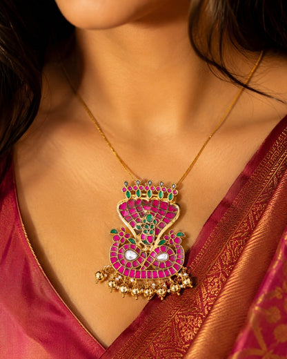 FeelOri real kempu jadau pendant styled with pattu saree blouse for Indian occasion wear