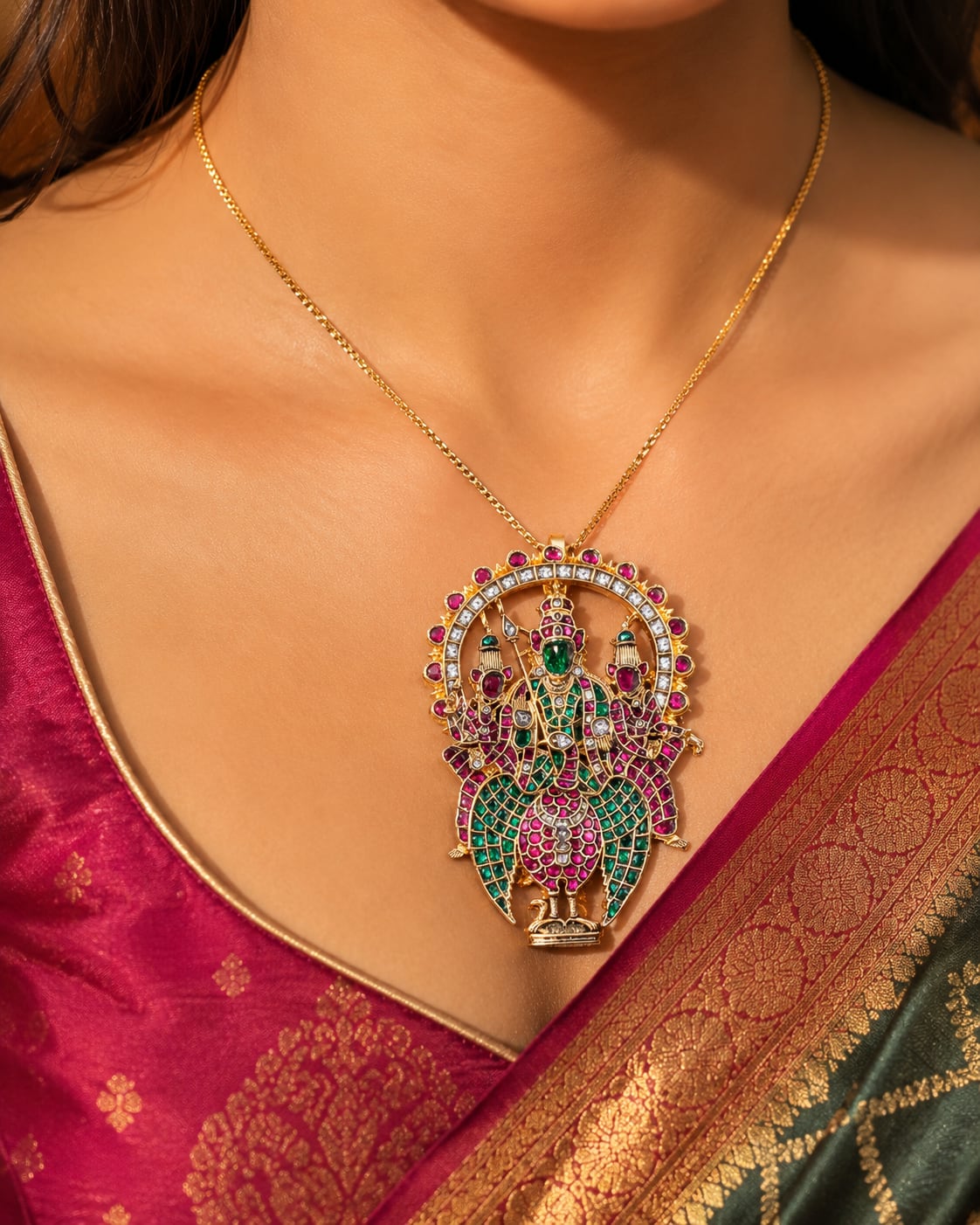 FeelOri real kempu jadau pendant styled with pattu saree blouse for Indian occasion wear