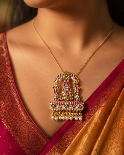 FeelOri real kempu jadau pendant styled with pattu saree blouse for Indian occasion wear