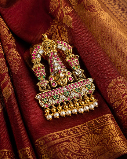 FeelOri real kempu jadau pendant styled with saree fabric for Indian occasion wear