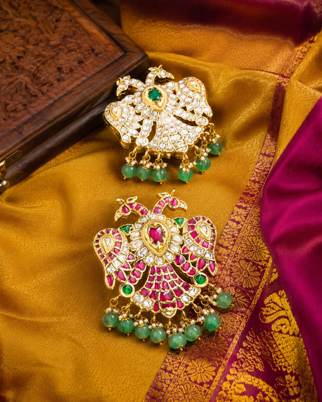 FeelOri real kempu jadau pendant styled with saree fabric for Indian occasion wear