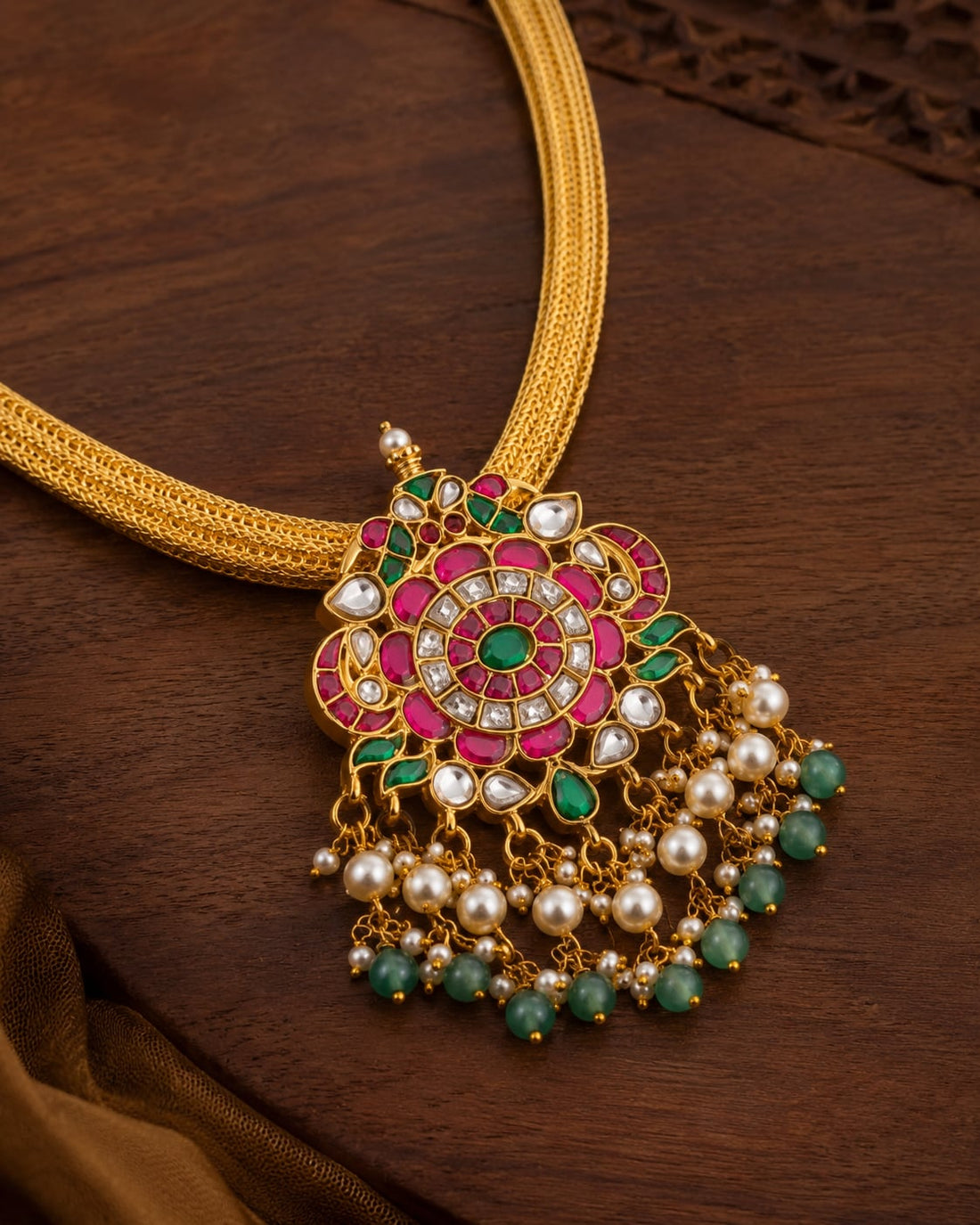 FeelOri real kempu jadau pendant set close-up of real kempu stones and jadau work