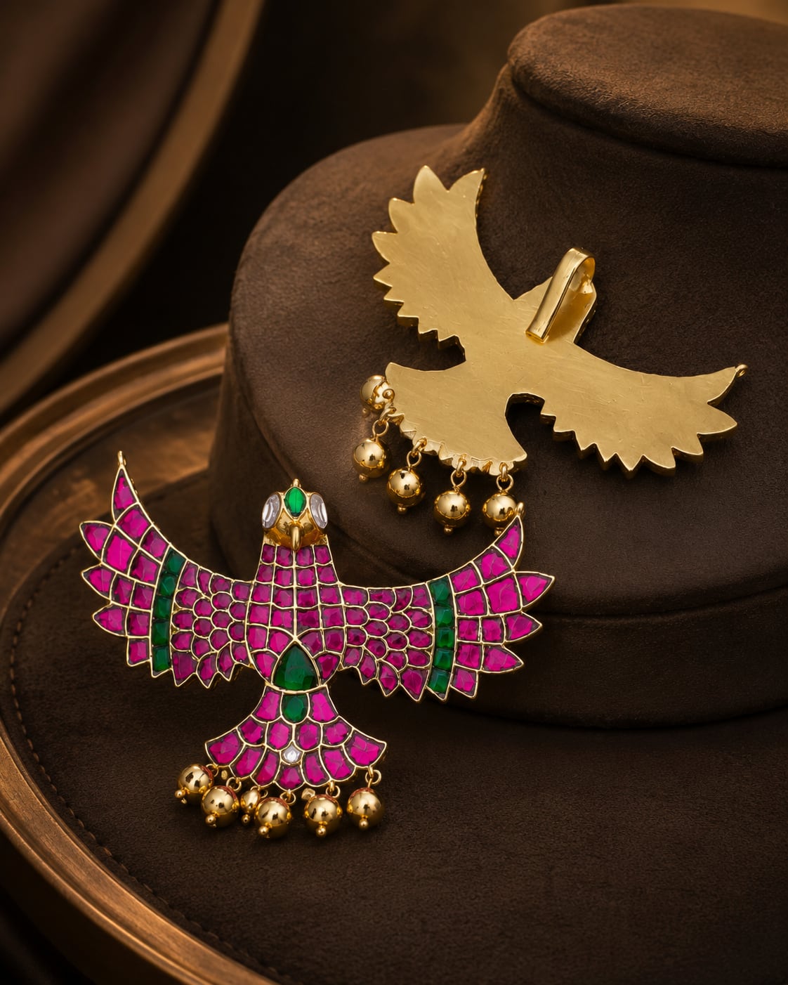 FeelOri real kempu jadau pendant set styled with pattu saree blouse for Indian occasion wear