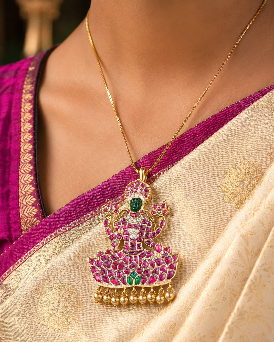 FeelOri real kempu jadau pendant set styled with pattu saree blouse for Indian occasion wear