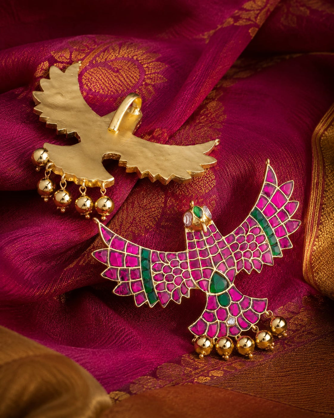 FeelOri jadau kundan pendant set styled with saree fabric for Indian occasion wear