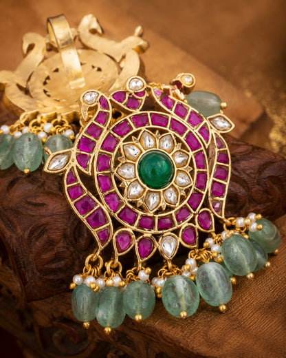 FeelOri real kempu jadau pendant set styled with saree fabric for Indian occasion wear