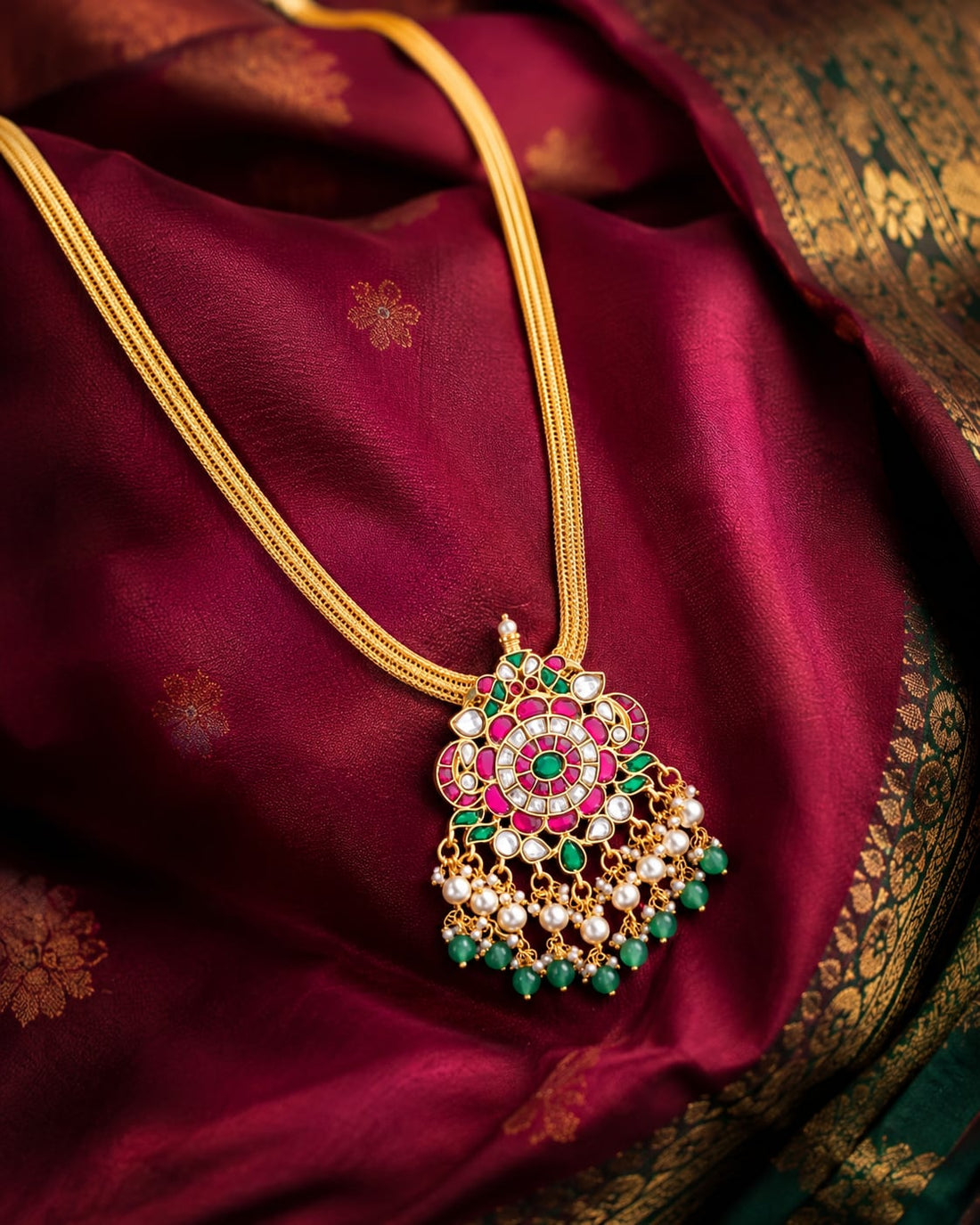 FeelOri real kempu jadau pendant set styled with saree fabric for Indian occasion wear