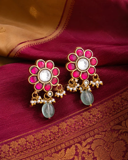 FeelOri real kempu jadau stud earrings styled with saree fabric for Indian occasion wear