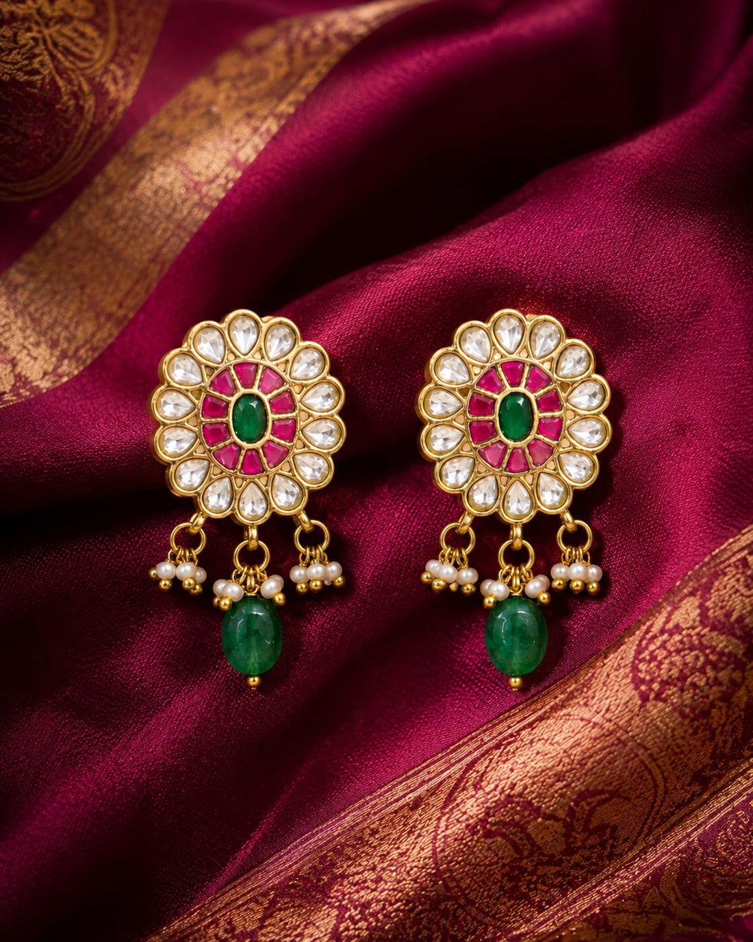 FeelOri real kempu jadau stud earrings styled with saree fabric for Indian occasion wear